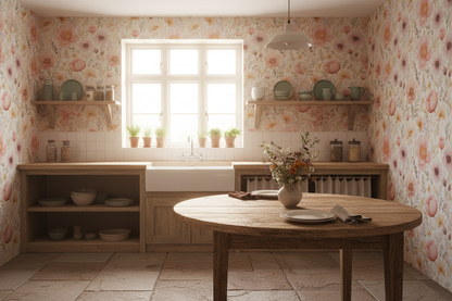 Blush pink watercolor floral wallpaper with soft botanical stems on a warm cream background in kitchen