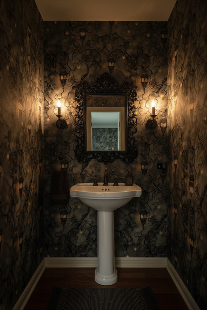 Dark botanical wallpaper with twisting ivy vines, glowing vintage lanterns and warm golden lights on a moody charcoal green background in powder room