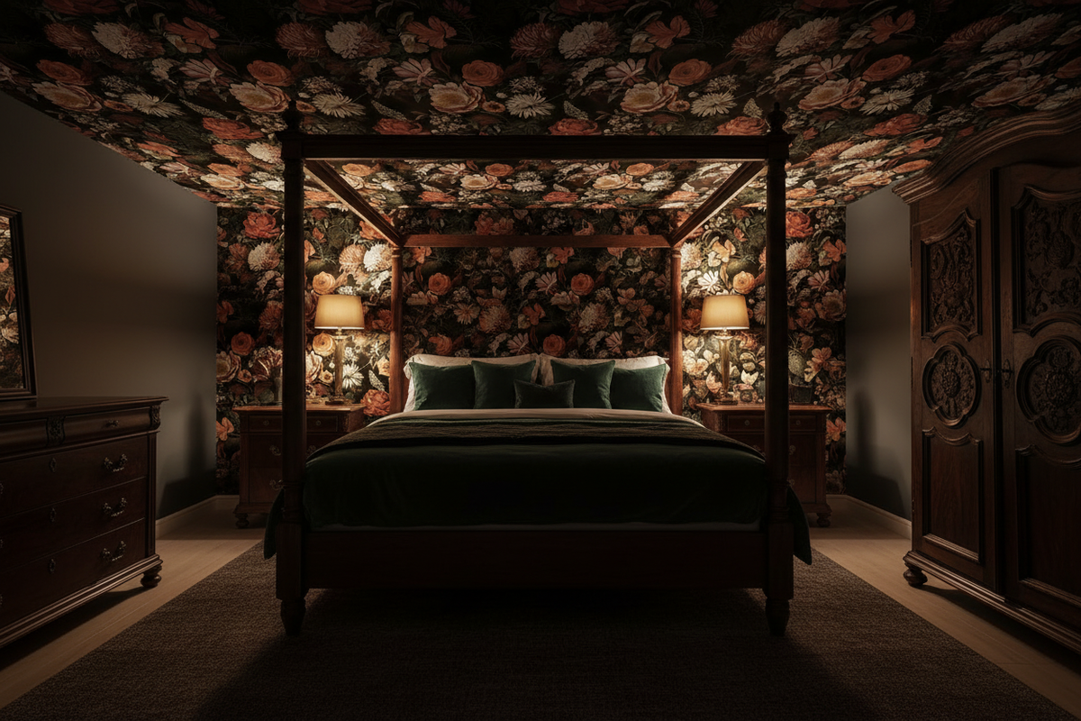 Dark vintage floral wallpaper with terracotta, rust, cream and blush flowers with deep green foliage on a black background in maximalist bedroom on ceiling and wall.
