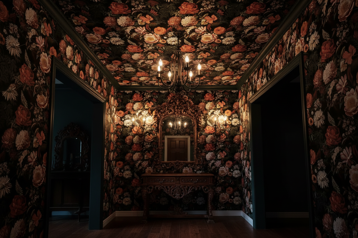 Dark vintage floral wallpaper with terracotta, rust, cream and blush flowers with deep green foliage on a black background in maximalist entryway.