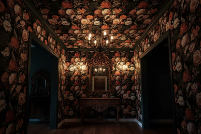 Dark vintage floral wallpaper with terracotta, rust, cream and blush flowers with deep green foliage on a black background in maximalist entryway.