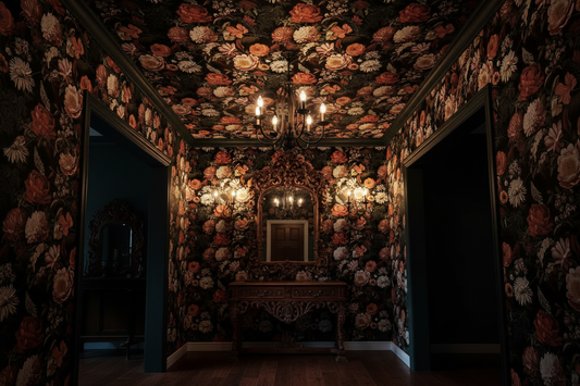 Dark vintage floral wallpaper with terracotta, rust, cream and blush flowers with deep green foliage on a black background in maximalist entryway.