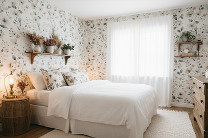 Neutral wildflower floral wallpaper with beige flowers and soft green leaves, vintage botanical peel and stick wallpaper in bedroom