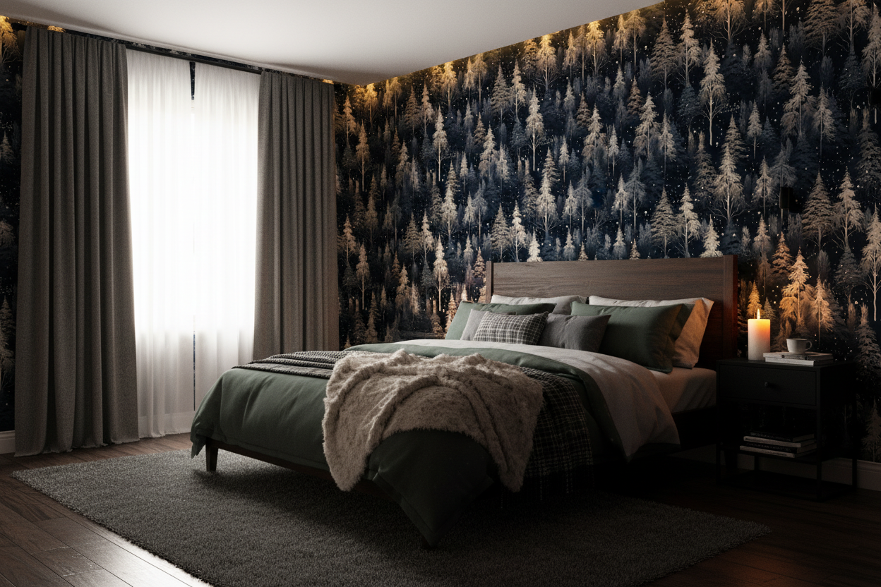 Winter Forest Dark Woodland Wallpaper Bedroom Mockup