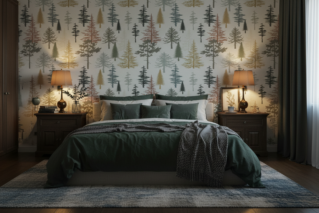 Forest tree wallpaper featuring stylized pine and evergreen trees in sage green, charcoal, taupe, mustard, and rust tones on a warm neutral background, inspired by woodland and cabin décor in bedroom