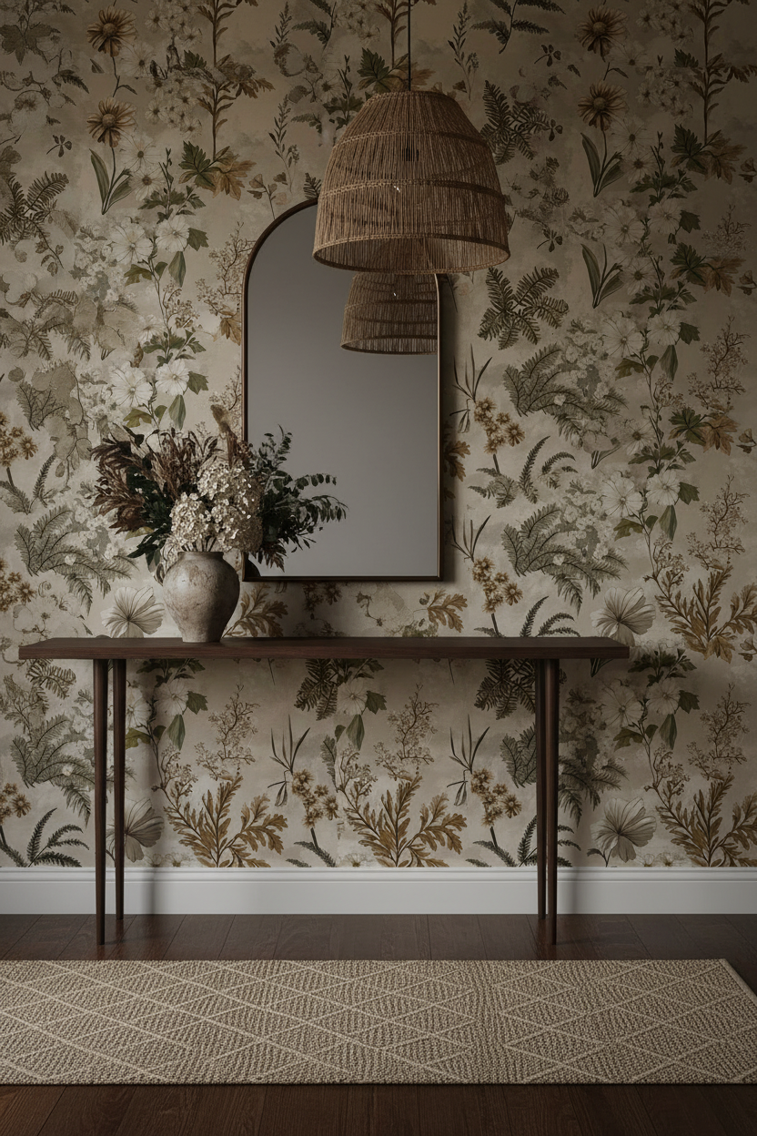 Moody botanical wallpaper with layered woodland foliage, ferns, and forest botanicals in deep earthy greens and warm neutral tones on a soft background in entryway