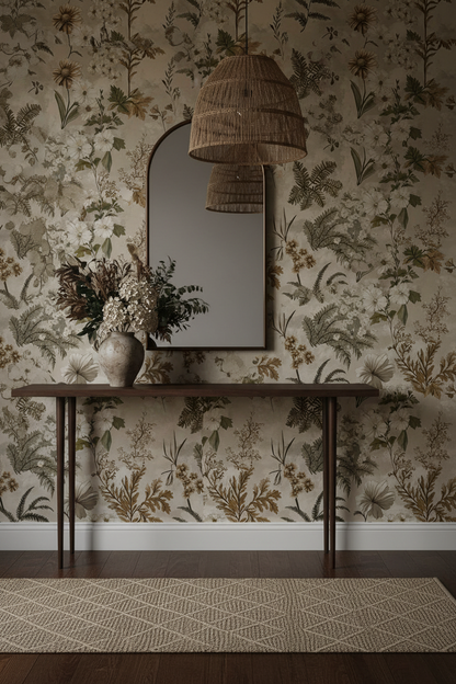 Moody botanical wallpaper with layered woodland foliage, ferns, and forest botanicals in deep earthy greens and warm neutral tones on a soft background in entryway